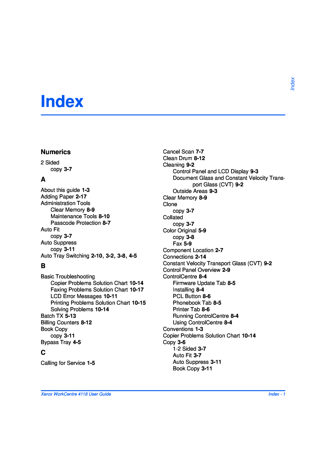 Xerox 32N00467 manual Index, Numerics 