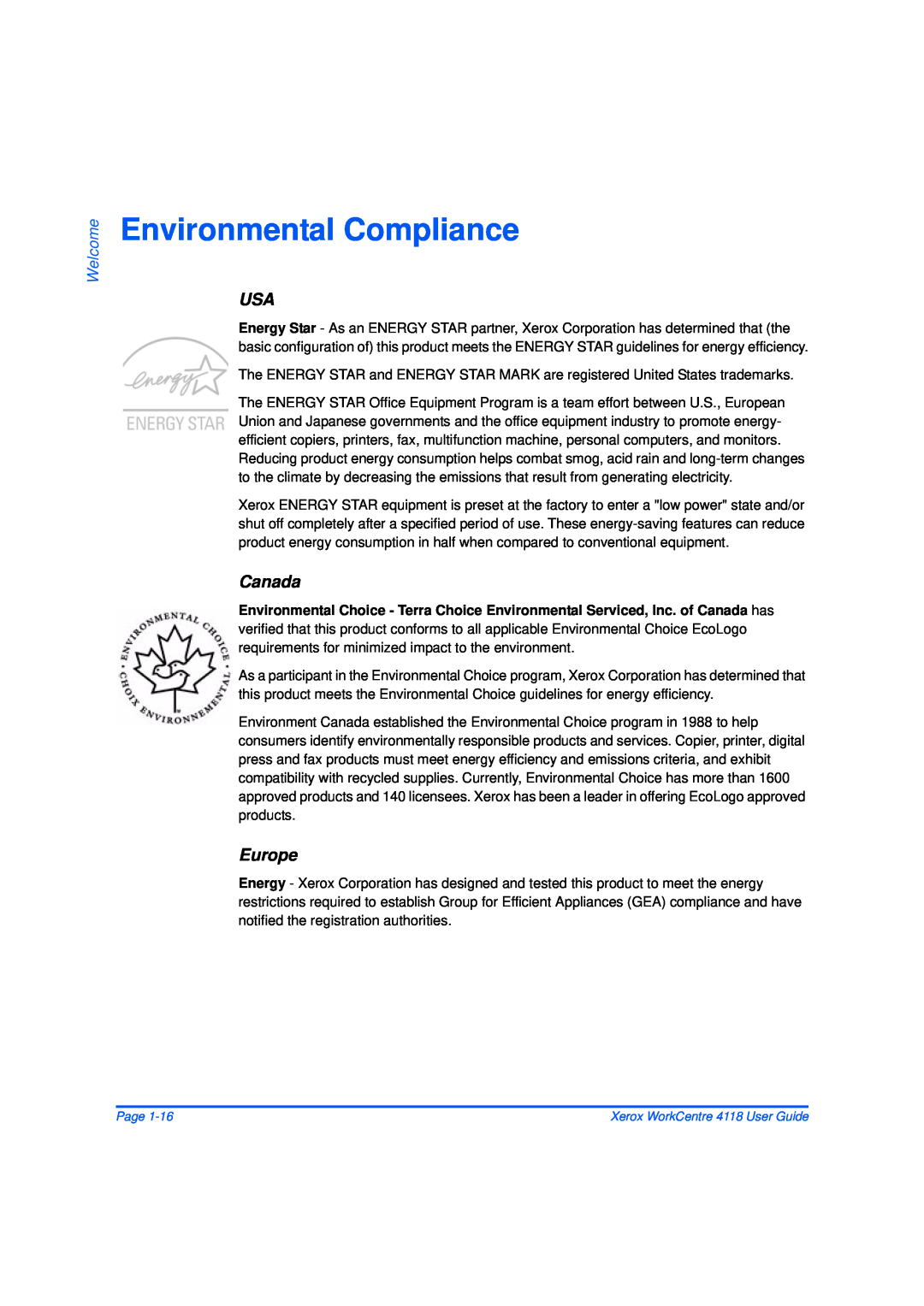 Xerox 32N00467 manual Environmental Compliance, Canada, Europe, Welcome 