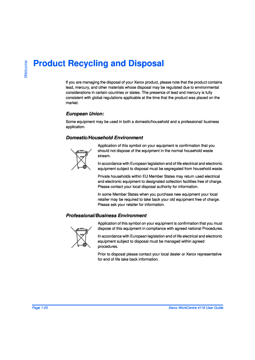 Xerox 32N00467 manual Product Recycling and Disposal, European Union, Domestic/Household Environment, Welcome 