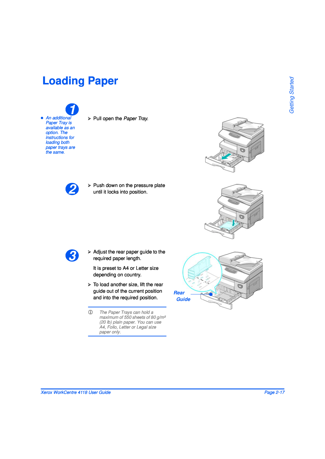 Xerox 32N00467 manual Loading Paper, Getting Started, Rear, Guide 