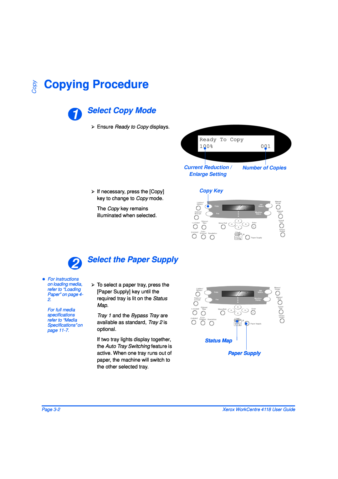 Xerox 32N00467 manual Copying Procedure, Select Copy Mode, Select the Paper Supply, Ready To Copy 100%001 
