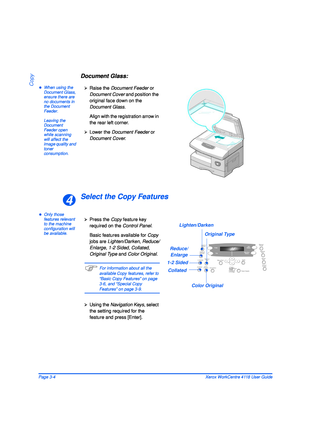 Xerox 32N00467 manual Select the Copy Features, Document Glass, ¾ Lower the Document Feeder or Document Cover 