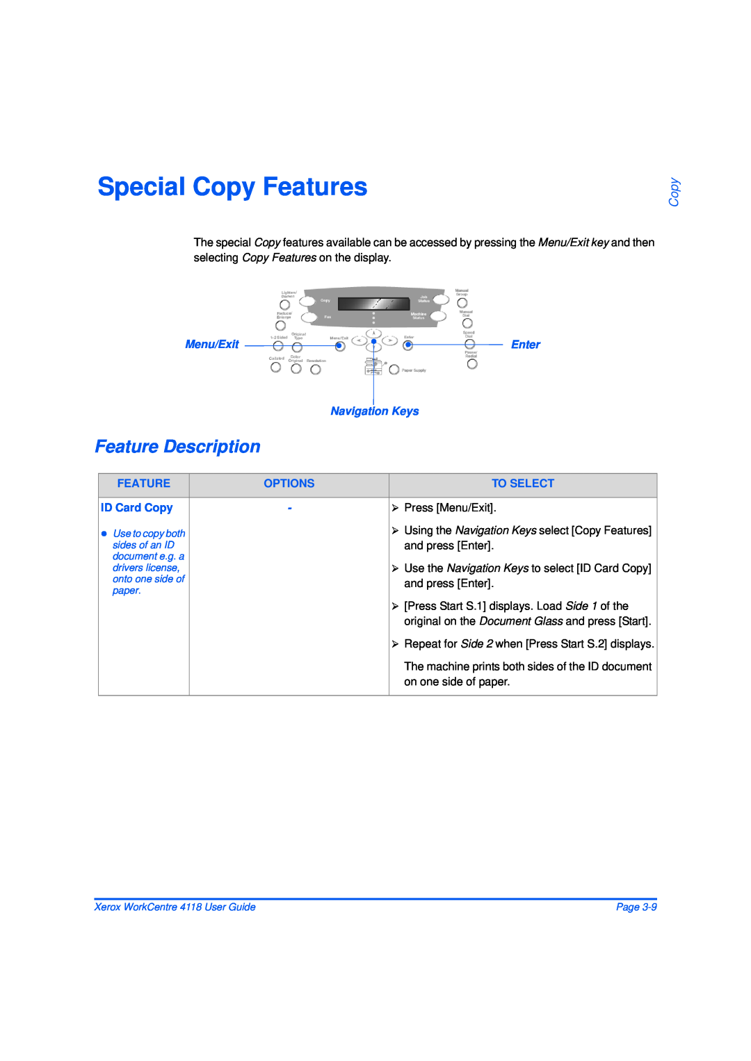 Xerox 32N00467 manual Special Copy Features, Feature Description 