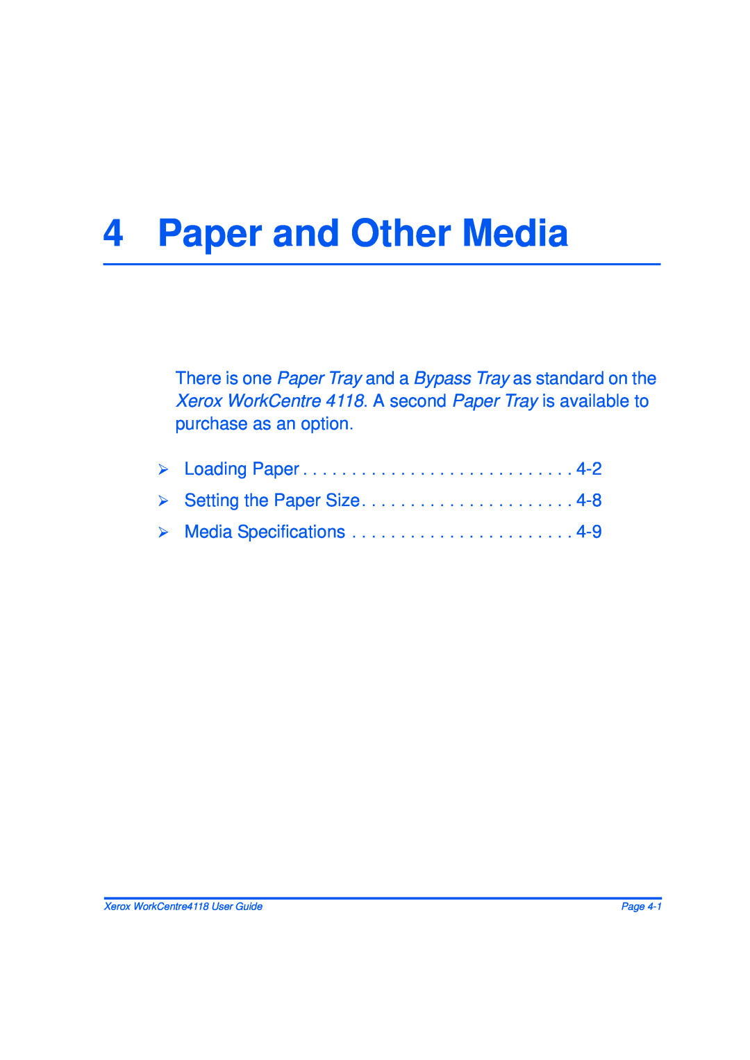 Xerox 32N00467 manual Paper and Other Media, ¾ Loading Paper ¾ Setting the Paper Size ¾ Media Specifications, Page 