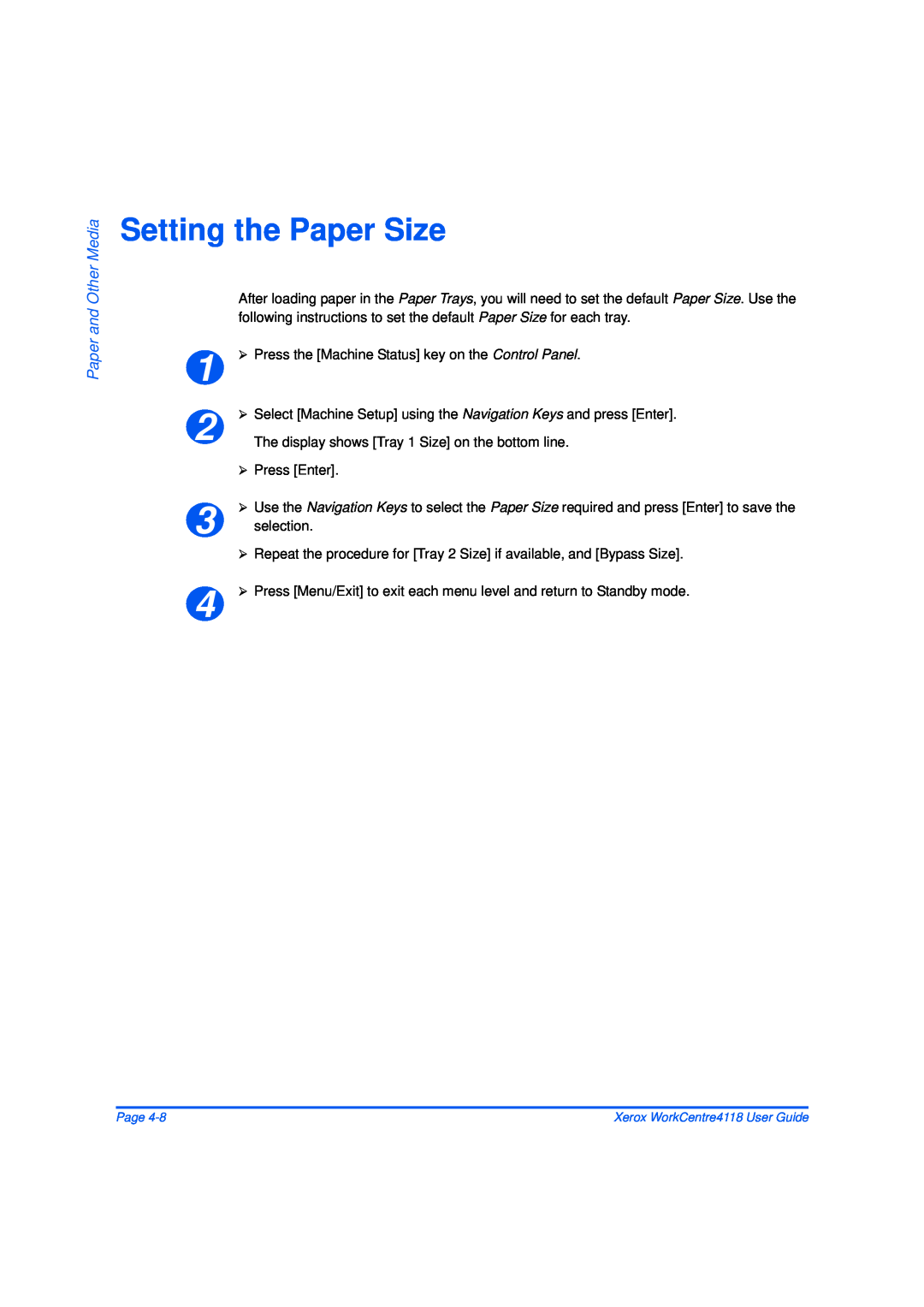 Xerox 32N00467 manual Setting the Paper Size, Paper and Other Media 