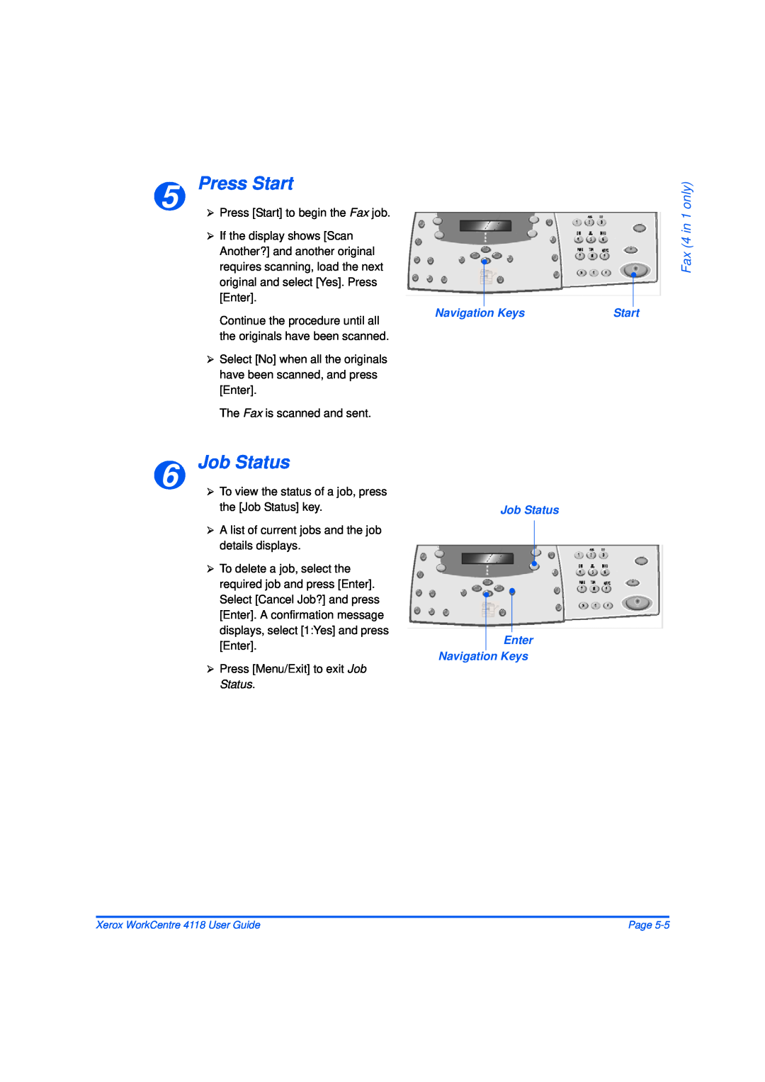Xerox 32N00467 manual Press Start, Fax 4 in 1 only, Job Status Enter Navigation Keys 
