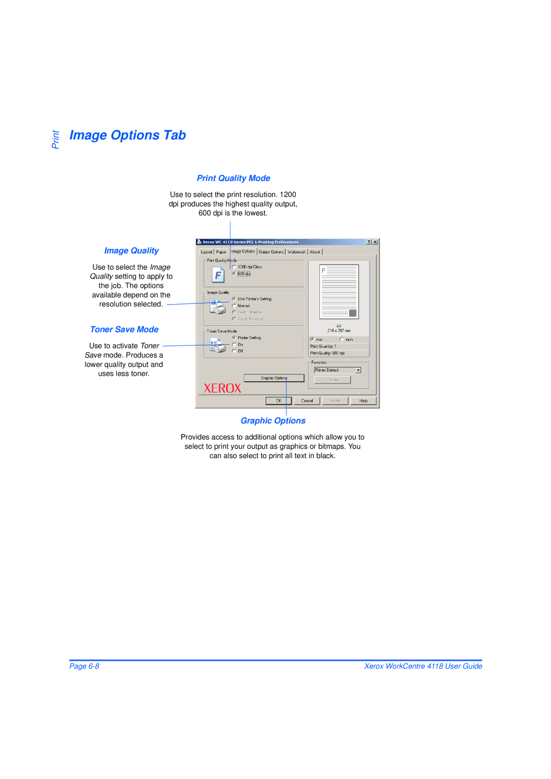 Xerox 32N00467 manual Image Options Tab, Print Quality Mode, Image Quality, Toner Save Mode, Graphic Options 