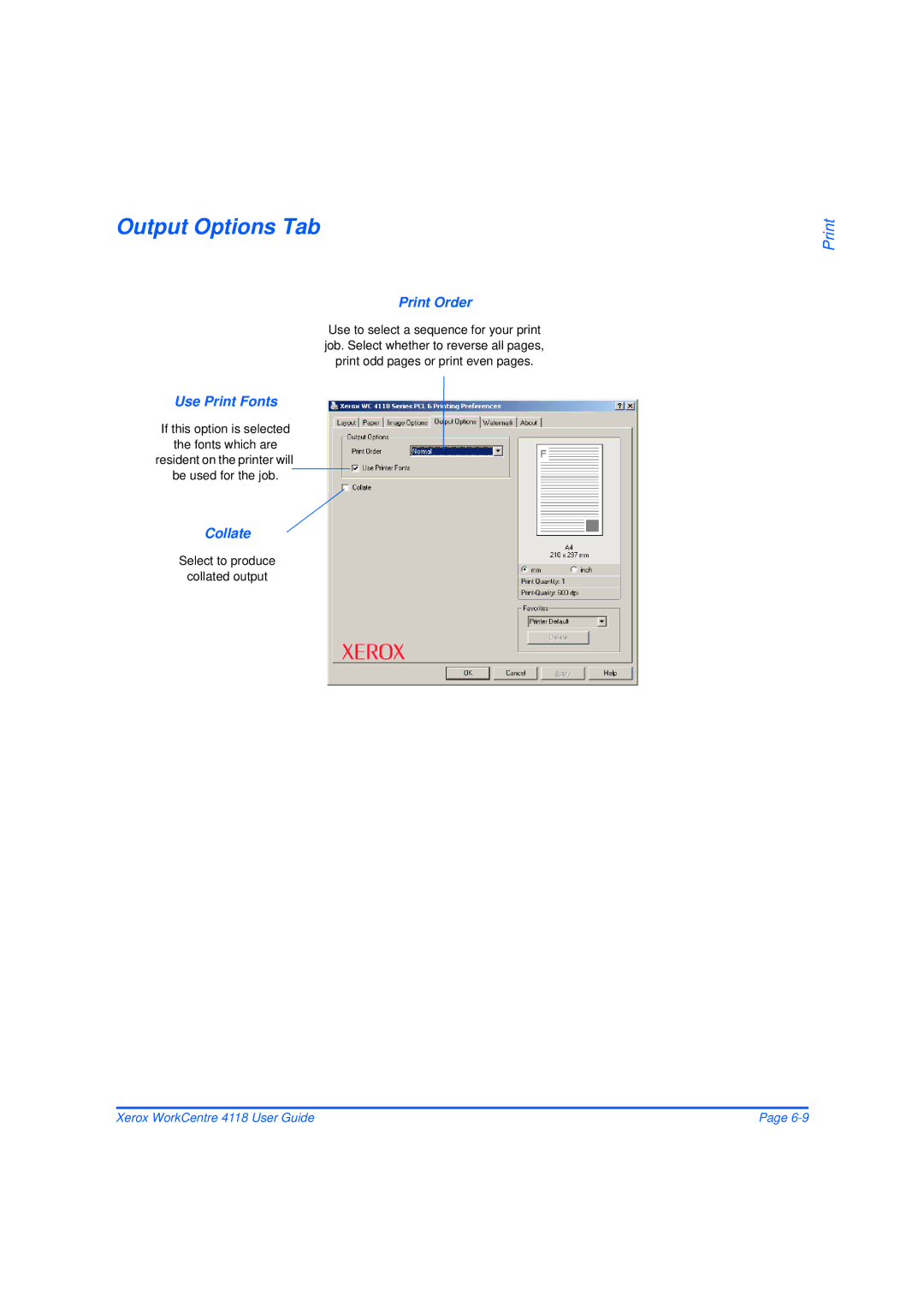 Xerox 32N00467 manual Output Options Tab, Print Order, Use Print Fonts, Collate 