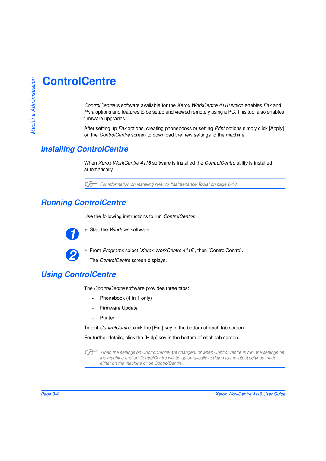 Xerox 32N00467 Installing ControlCentre, Running ControlCentre, Using ControlCentre, ControlCentre screen displays 