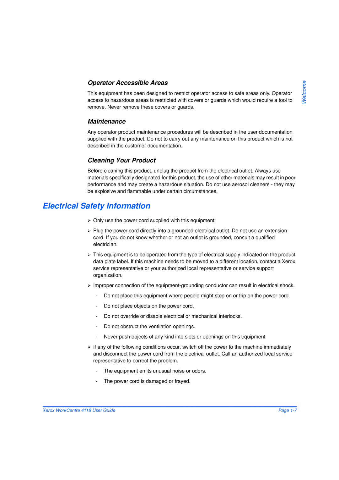 Xerox 32N00467 manual Electrical Safety Information, Operator Accessible Areas, Maintenance, Cleaning Your Product 