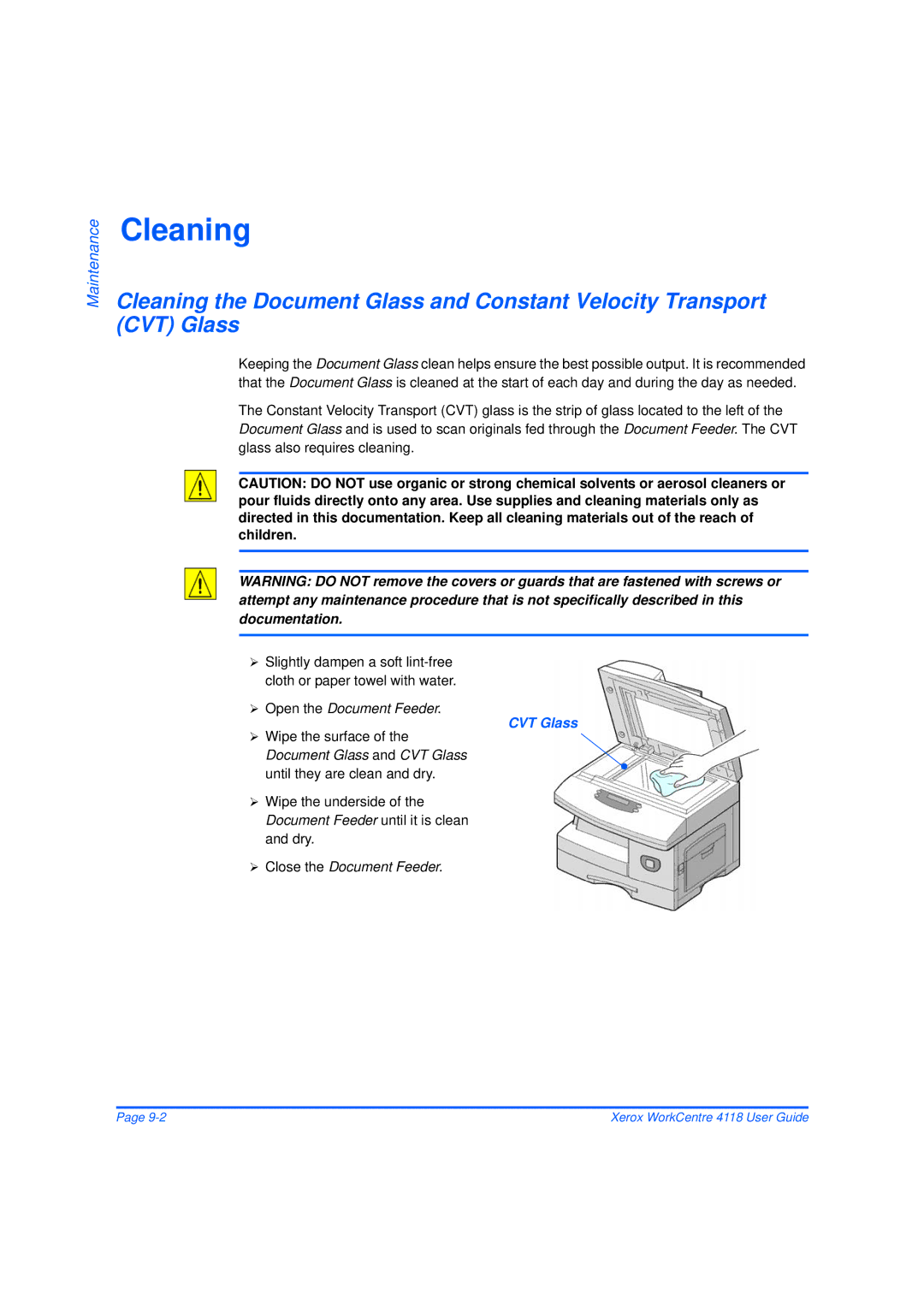 Xerox 32N00467 manual Cleaning, CVT Glass 