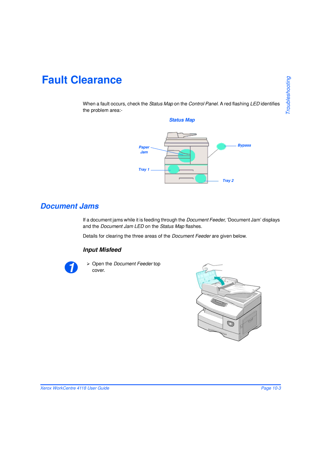 Xerox 32N00467 manual Fault Clearance, Document Jams, Input Misfeed, Cover 