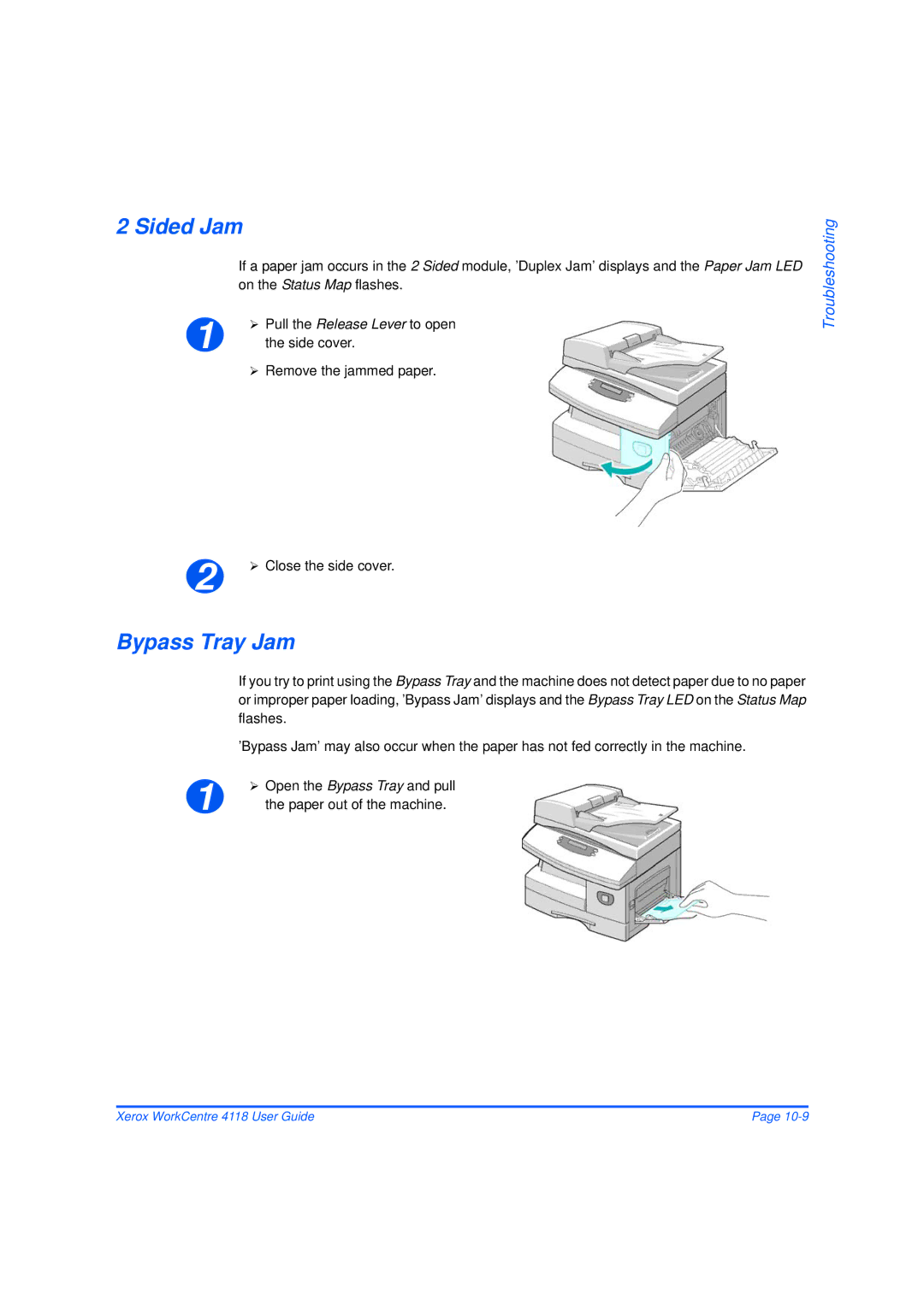 Xerox 32N00467 manual Sided Jam, Bypass Tray Jam, ¾ Remove the jammed paper, Paper out of the machine 