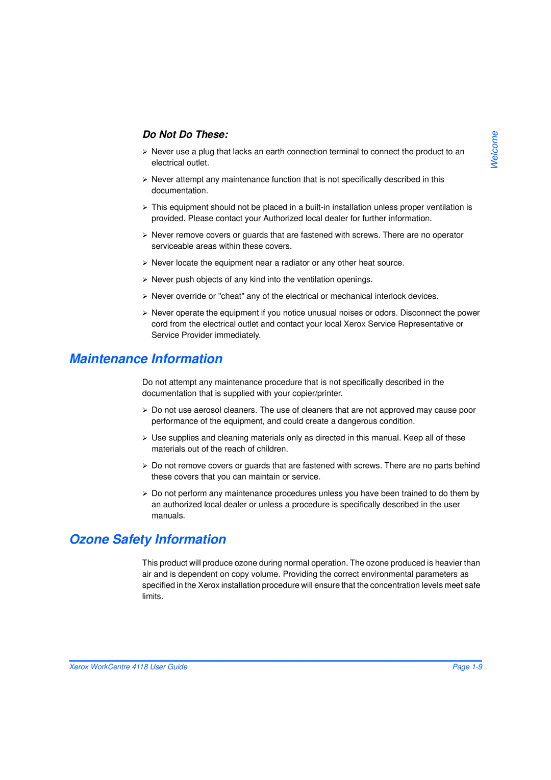 Xerox 32N00467 manual Maintenance Information, Ozone Safety Information, Do Not Do These 