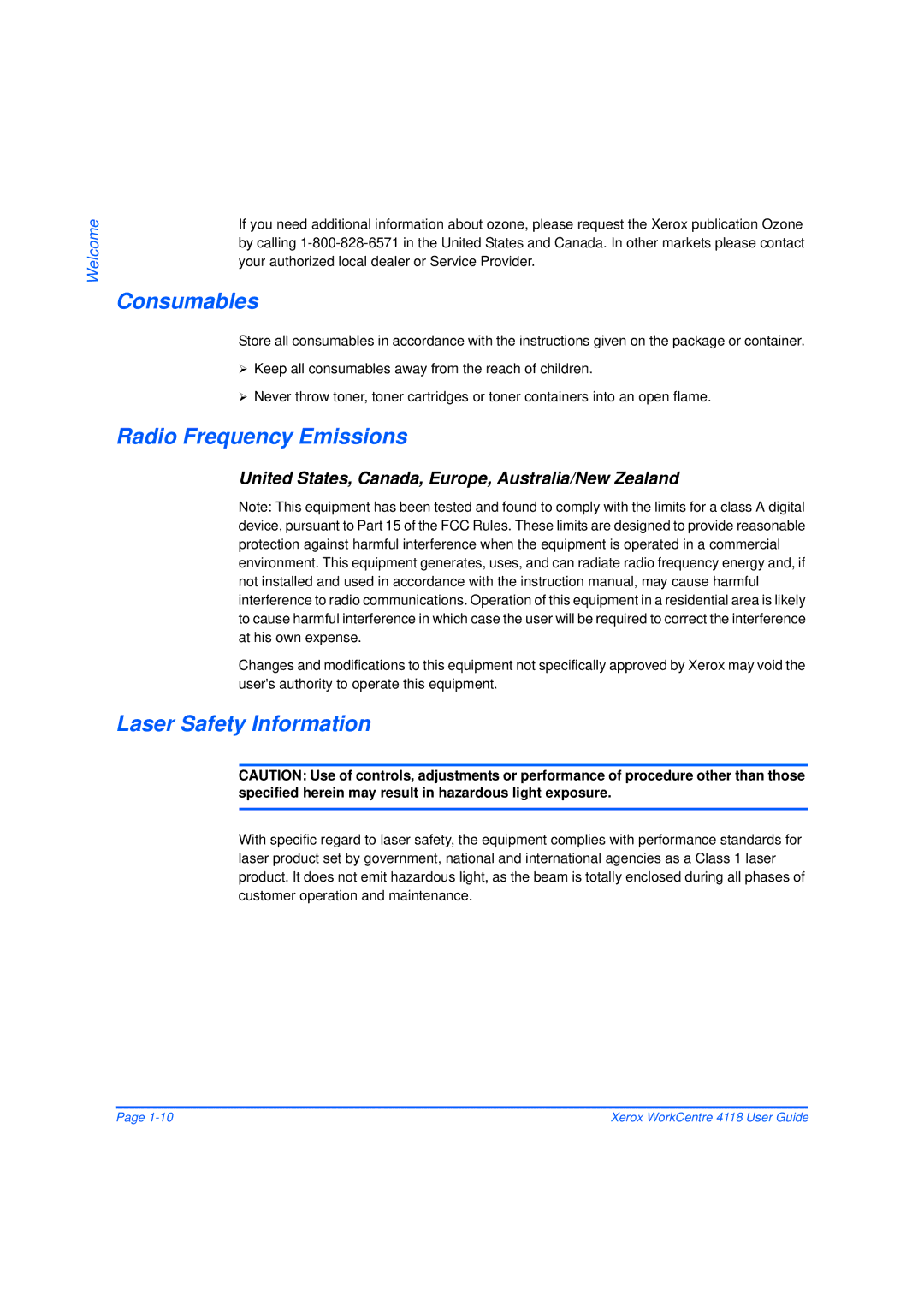 Xerox 32N00467 manual Consumables, Radio Frequency Emissions, Laser Safety Information 