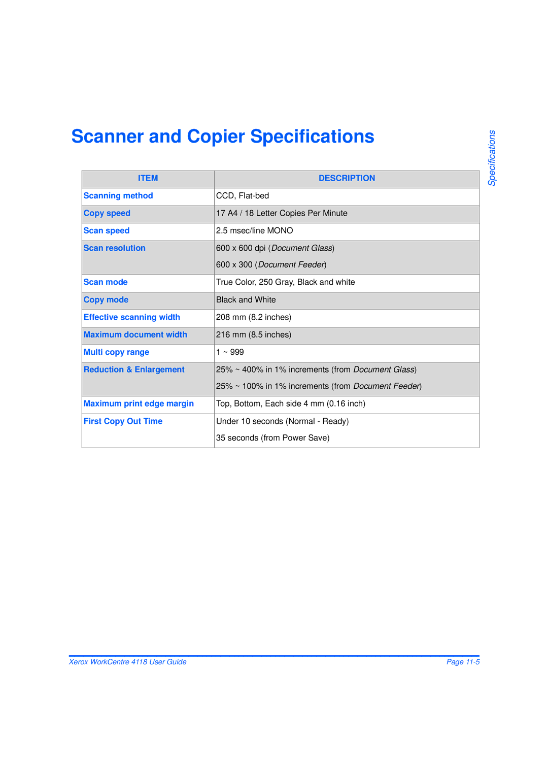 Xerox 32N00467 manual Scanner and Copier Specifications 