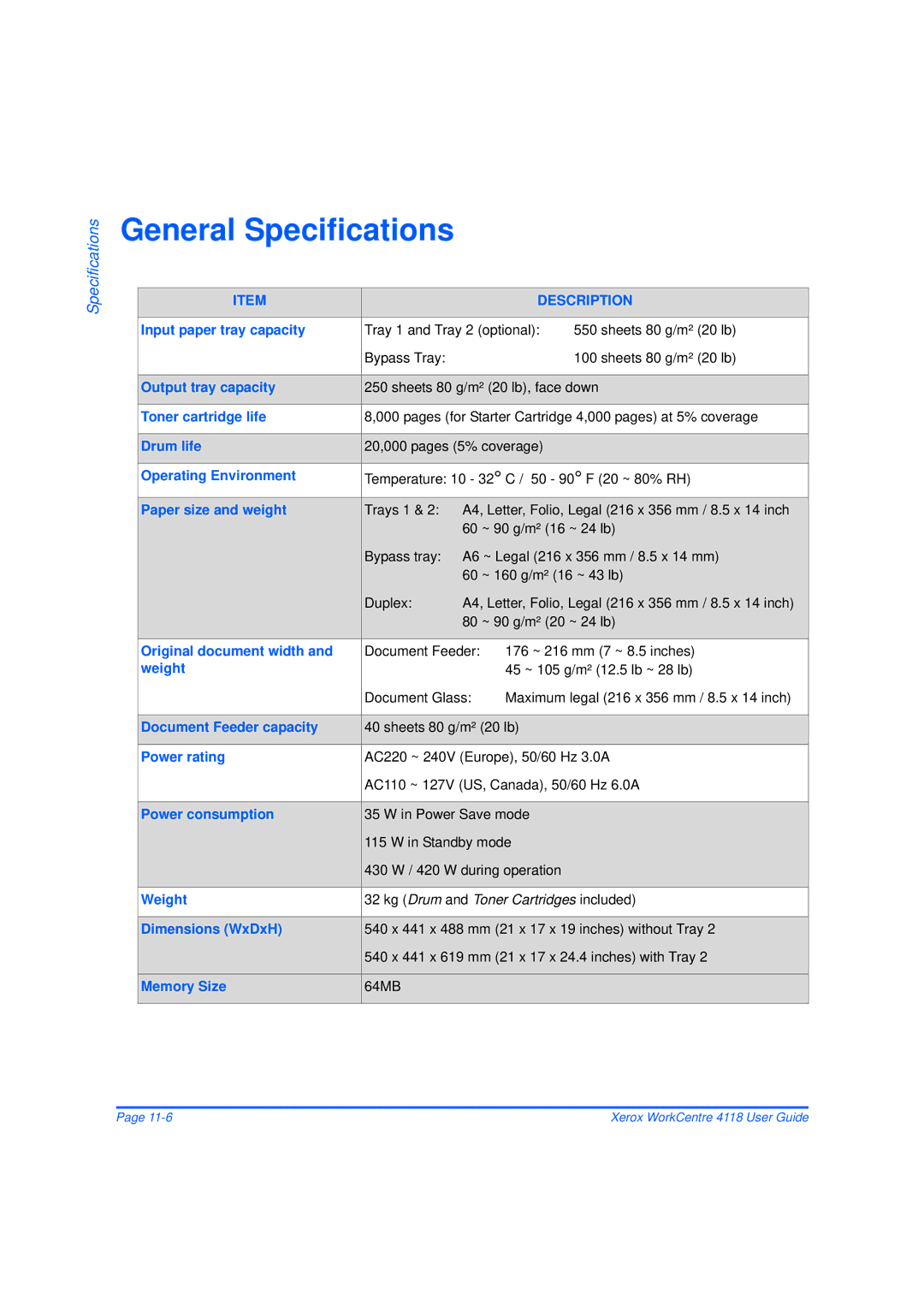 Xerox 32N00467 manual General Specifications 