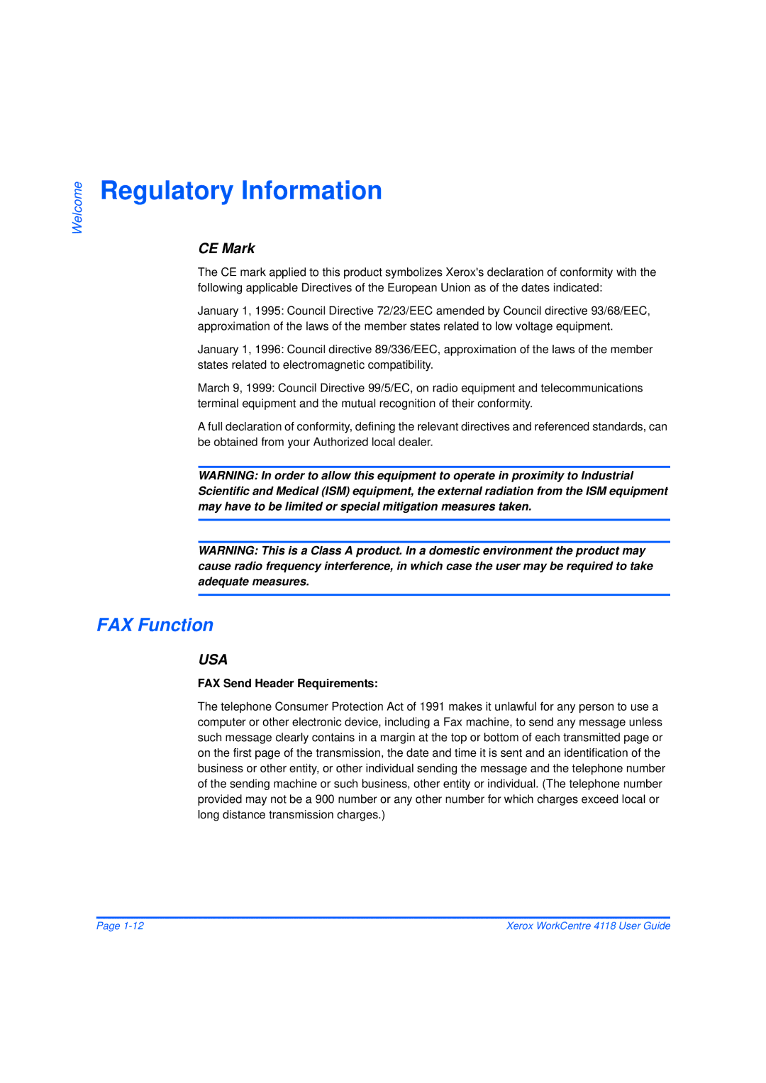 Xerox 32N00467 manual Regulatory Information, FAX Function, CE Mark 