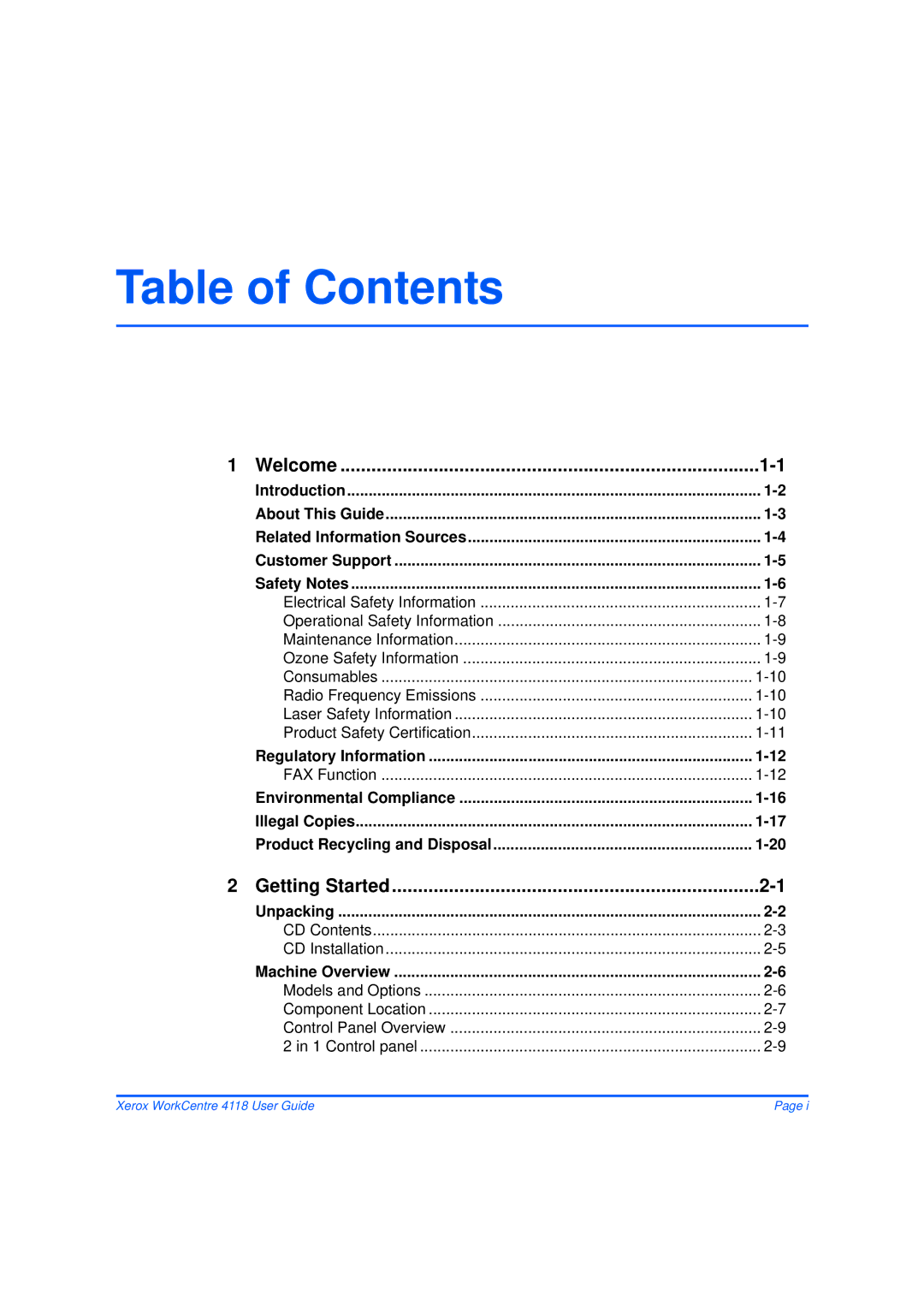 Xerox 32N00467 manual Table of Contents 