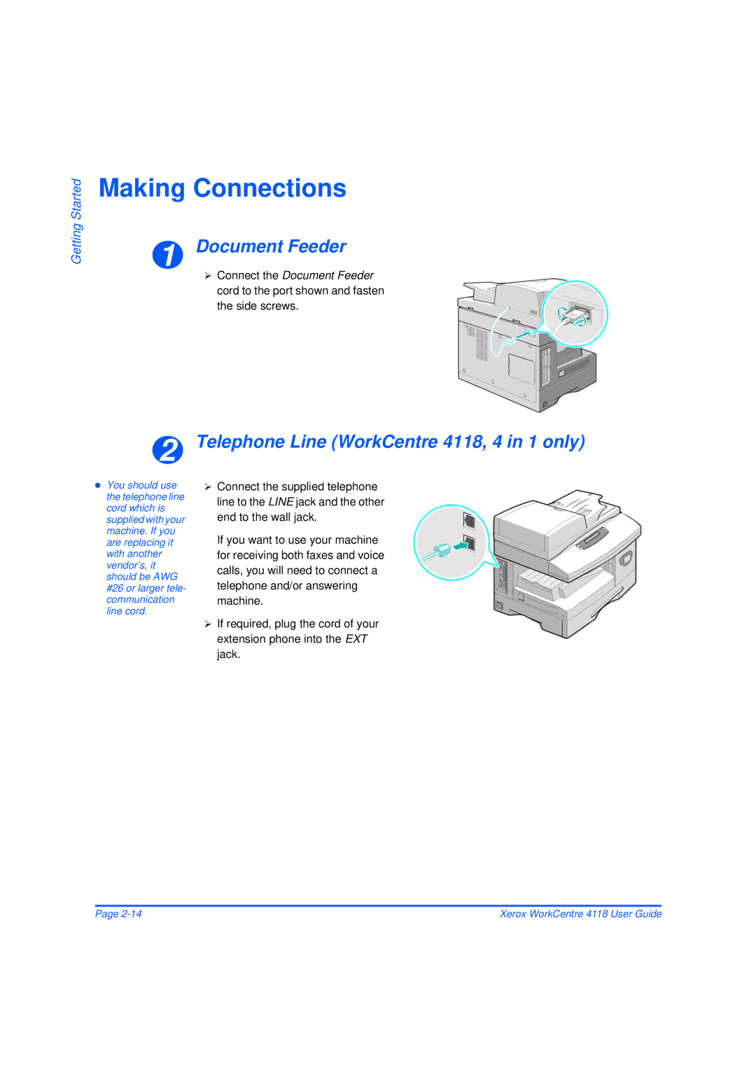 Xerox 32N00467 manual Making Connections, Document Feeder, Telephone Line WorkCentre 4118, 4 in 1 only 