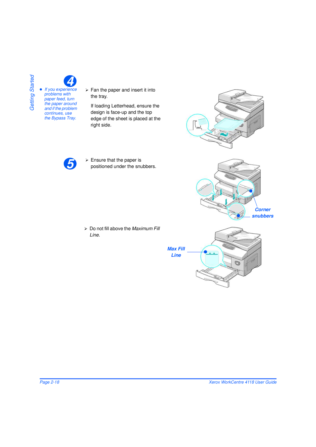 Xerox 32N00467 manual Corner Snubbers, ¾ Do not fill above the Maximum Fill Line, Max Fill Line 