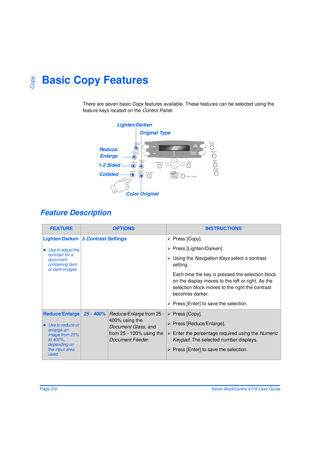 Xerox 32N00467 manual Basic Copy Features, Feature Description, Feature Options Instructions, Contrast Settings, 25 400% 