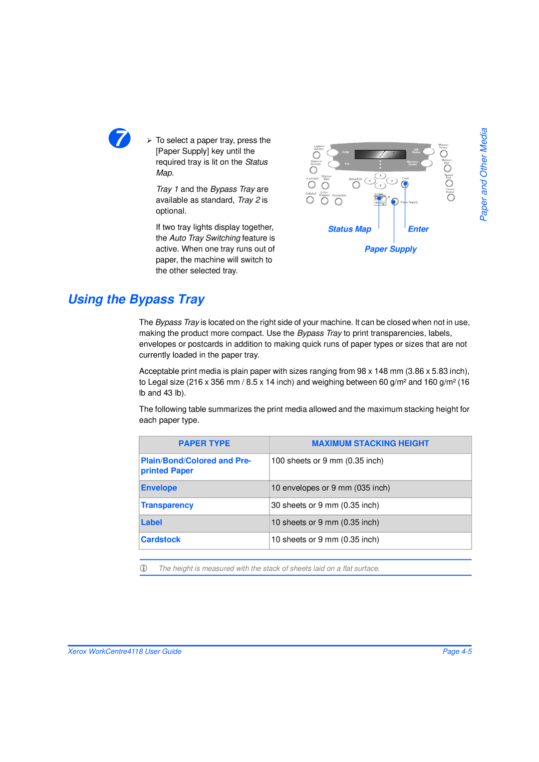 Xerox 32N00467 manual Using the Bypass Tray, Paper Supply key until, Required tray is lit on the Status Map 