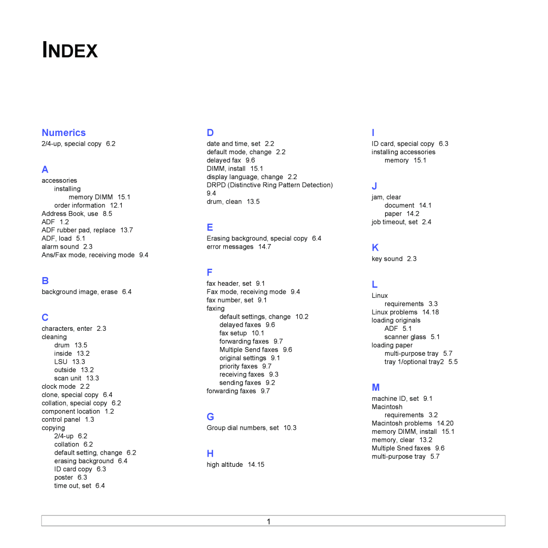 Xerox 3300MFP manual Numerics, Index 