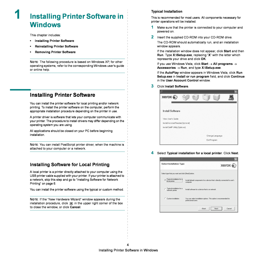 Xerox 3300MFP Installing Printer Software in Windows, Installing Software for Local Printing, Removing Printer Software 