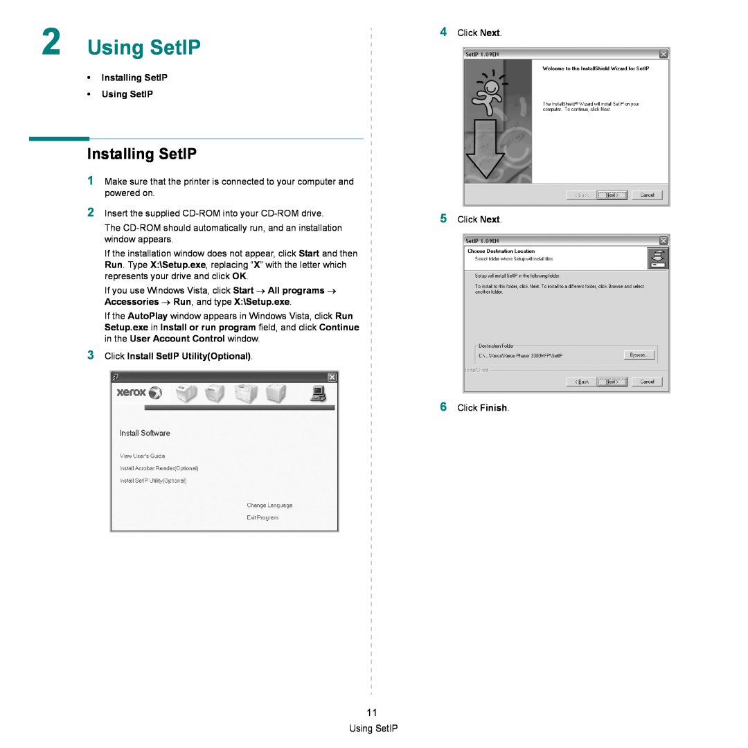 Xerox 3300MFP manual Installing SetIP Using SetIP, Accessories → Run, and type X\Setup.exe 