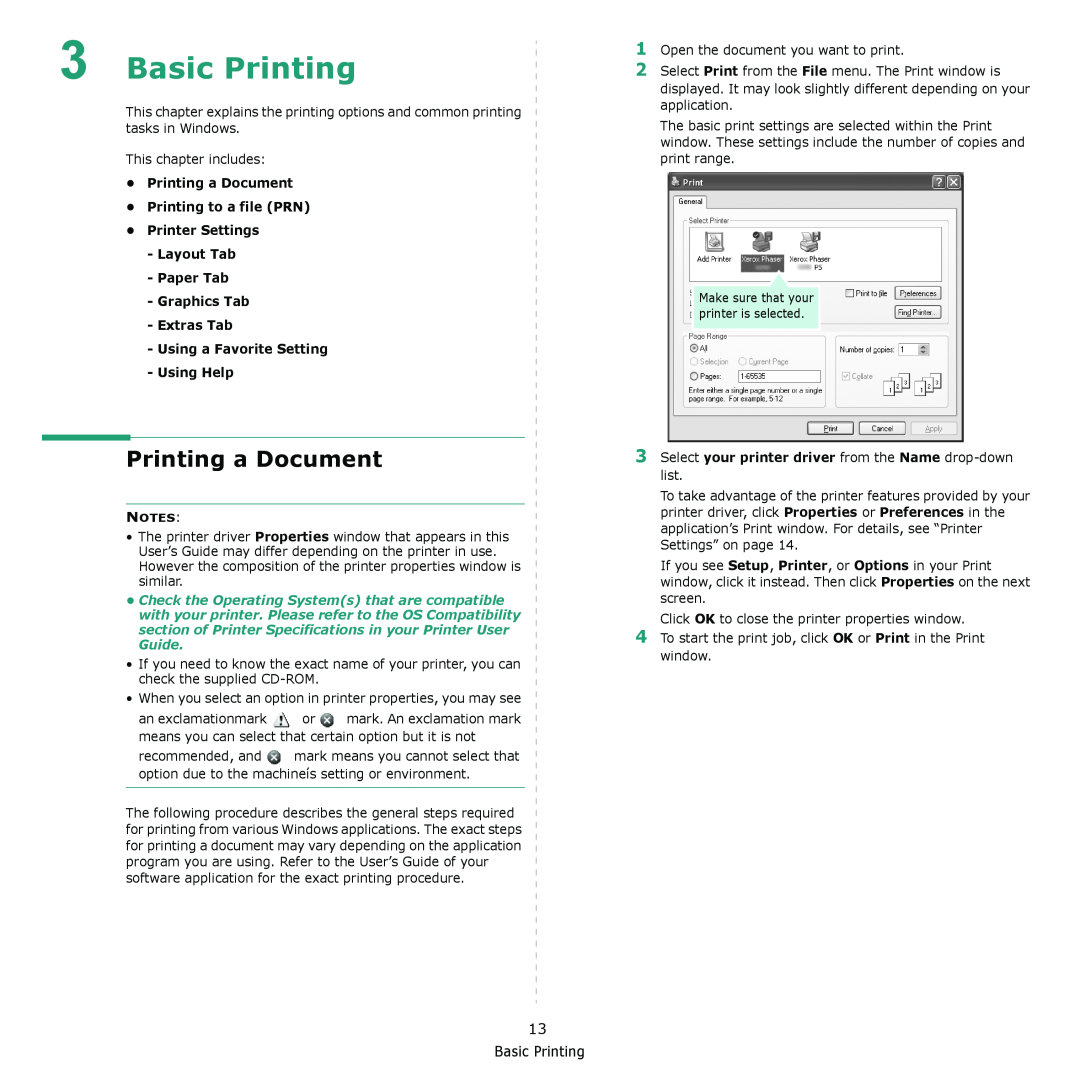 Xerox 3300MFP manual Basic Printing, Printing a Document Printing to a file PRN Printer Settings, Using Help 