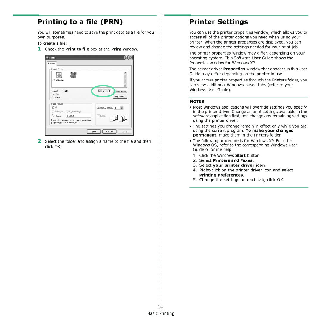 Xerox 3300MFP manual Printing to a file PRN, Printer Settings, Basic Printing 