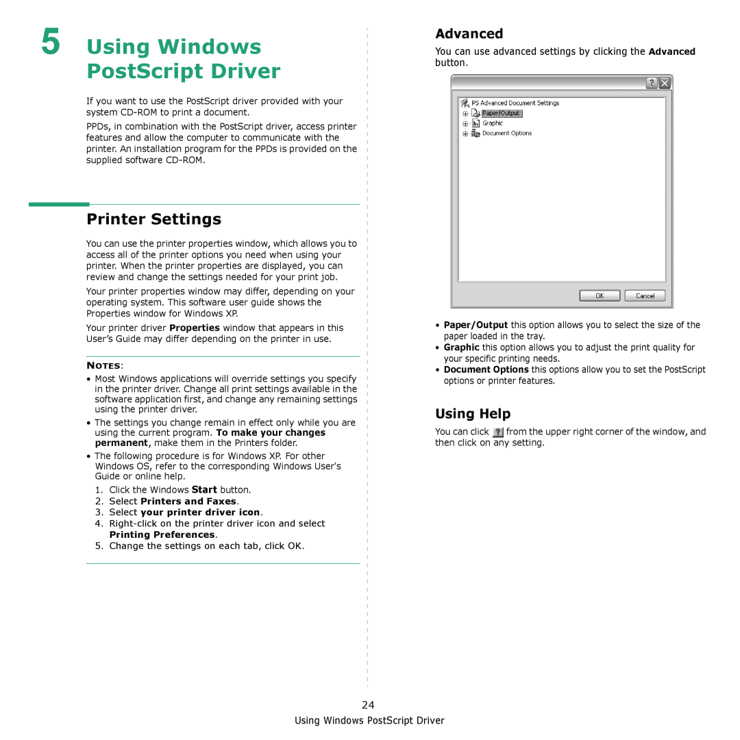 Xerox 3300MFP manual Using Windows PostScript Driver, Advanced, Printer Settings, Using Help 