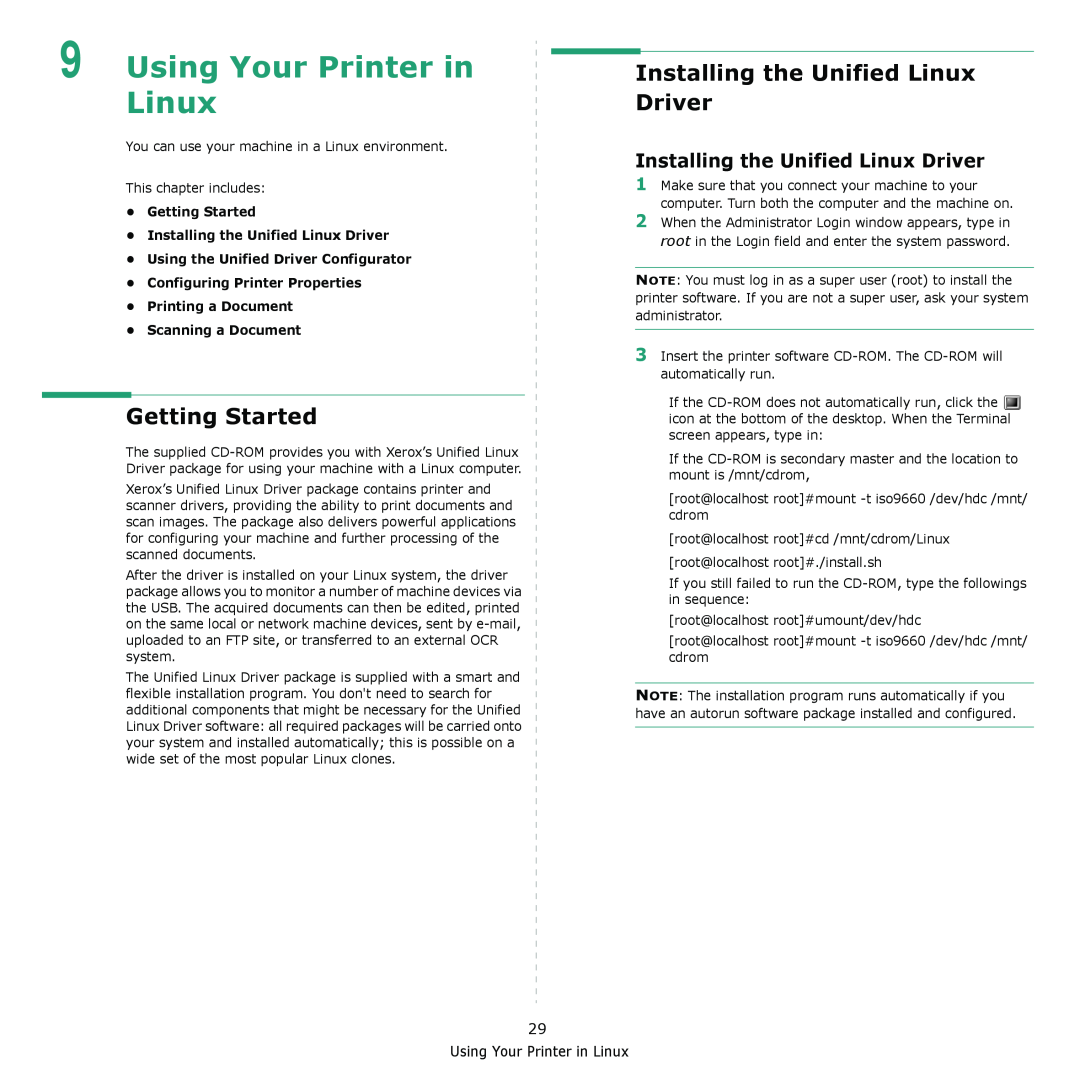Xerox 3300MFP manual Using Your Printer in Linux, Getting Started, Installing the Unified Linux Driver 