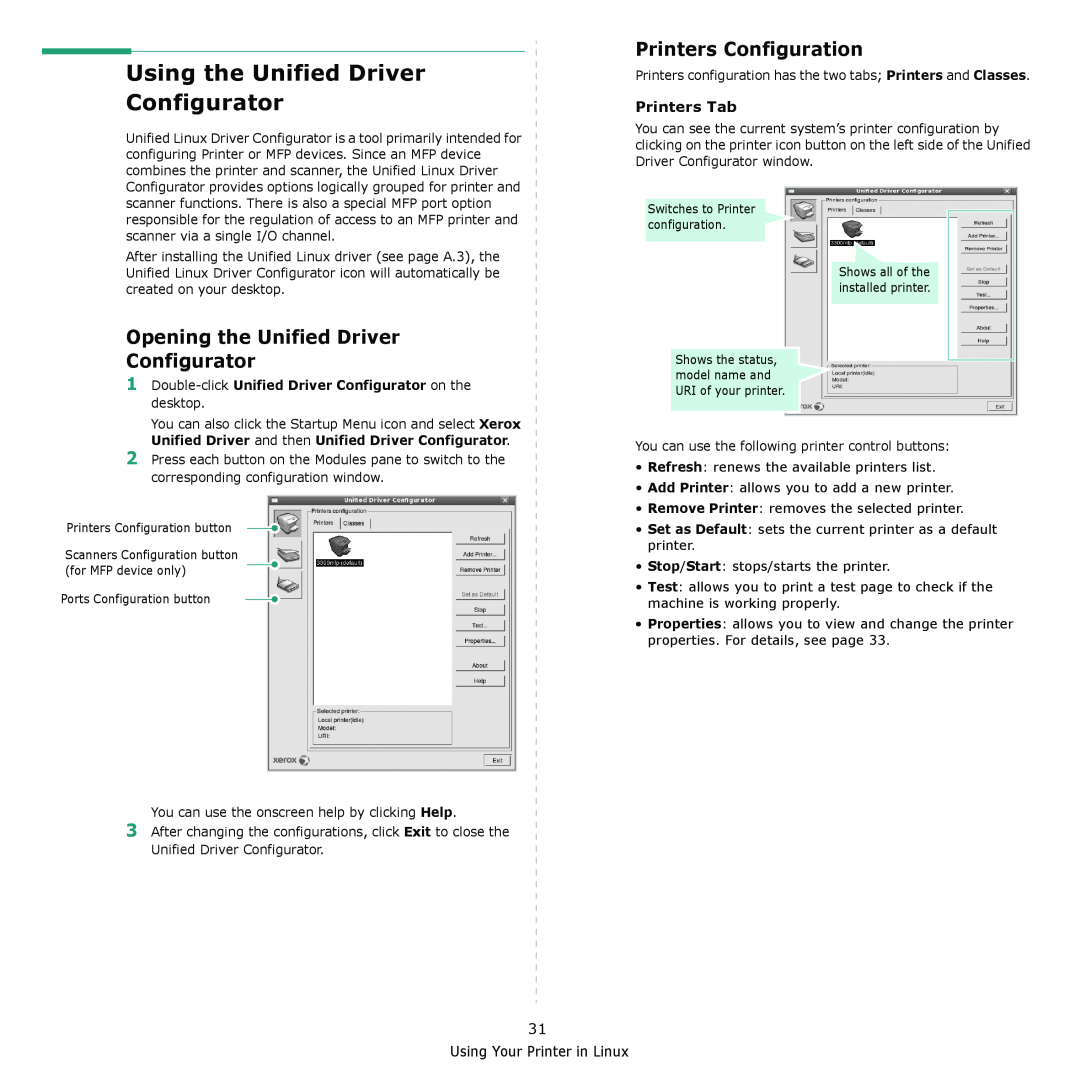 Xerox 3300MFP manual Using the Unified Driver Configurator, Printers Configuration, Opening the Unified Driver Configurator 