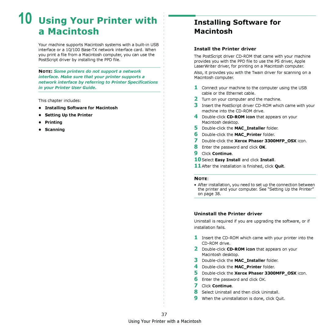 Xerox 3300MFP Using Your Printer with a Macintosh, Installing Software for Macintosh, Install the Printer driver, Scanning 