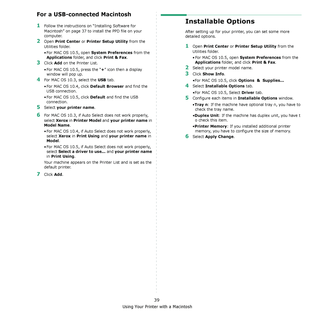Xerox 3300MFP manual Installable Options, For a USB-connected Macintosh, Select your printer name, Click Show Info 