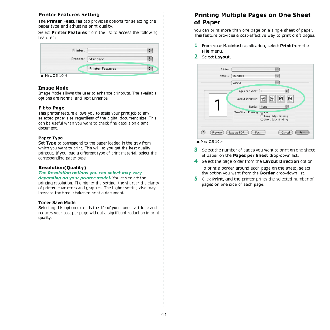 Xerox 3300MFP Printing Multiple Pages on One Sheet of Paper, Printer Features Setting, Image Mode, Fit to Page, Paper Type 