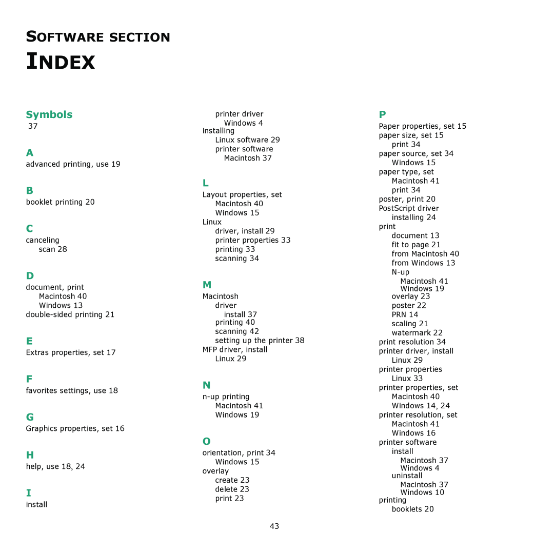 Xerox 3300MFP manual Index, Software Section, Symbols 