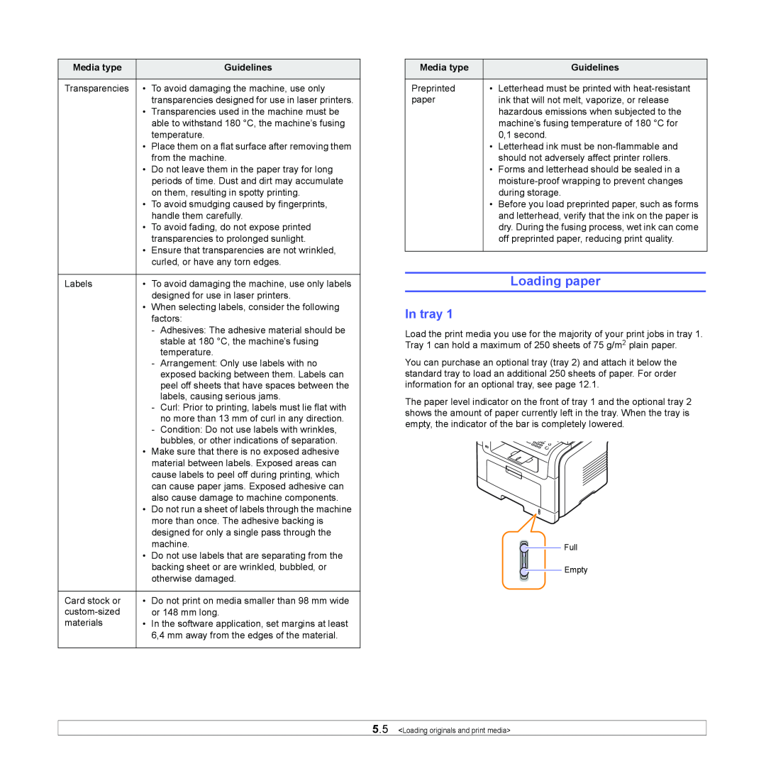 Xerox 3300MFP manual Loading paper, In tray, Media type, Guidelines 