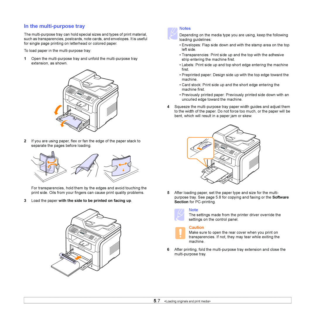 Xerox 3300MFP manual In the multi-purpose tray, Load the paper with the side to be printed on facing up 