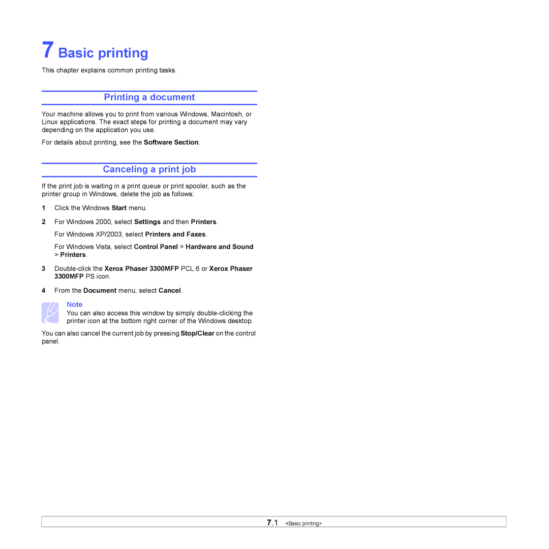 Xerox 3300MFP manual Basic printing, Printing a document, Canceling a print job 