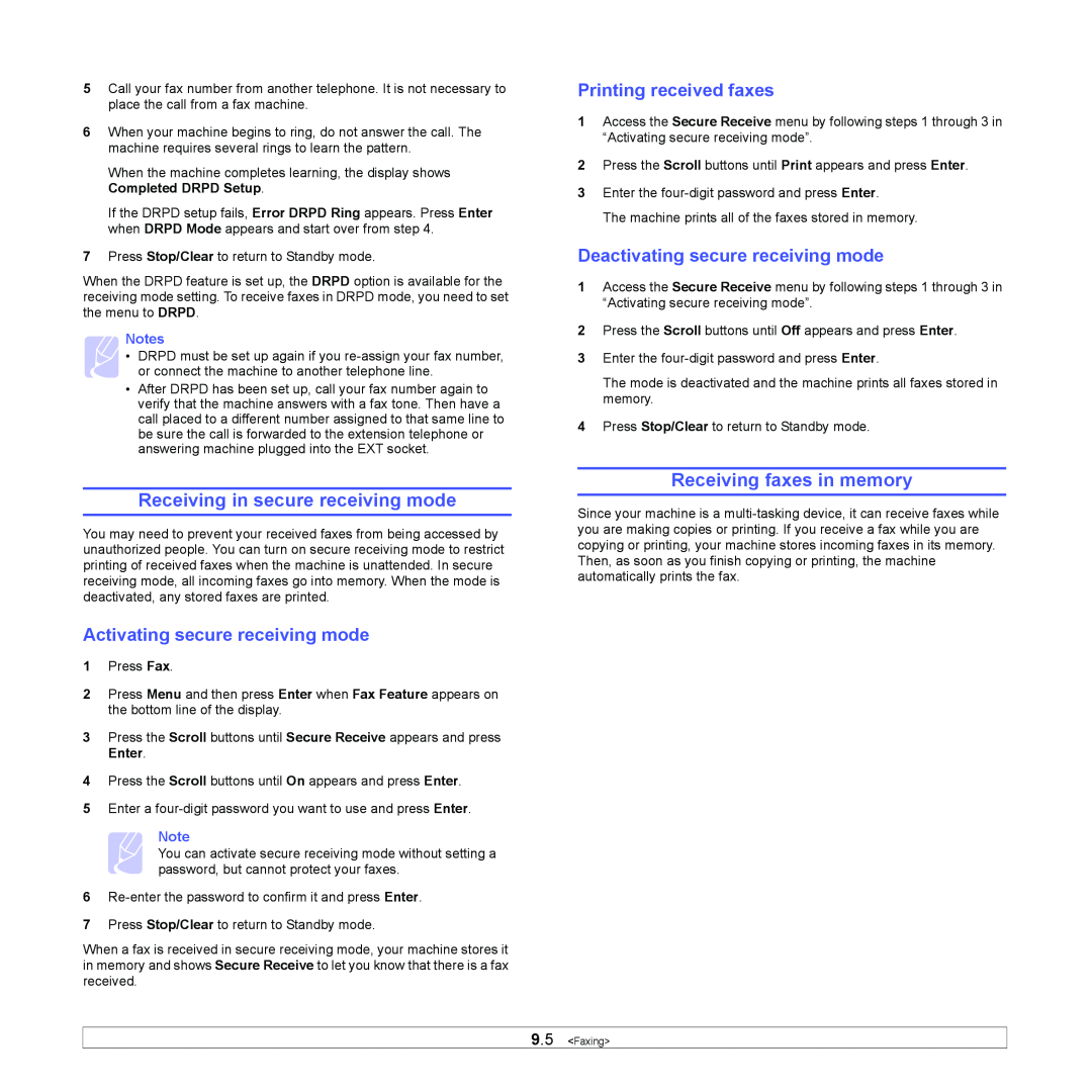 Xerox 3300MFP manual Receiving in secure receiving mode, Receiving faxes in memory, Activating secure receiving mode 