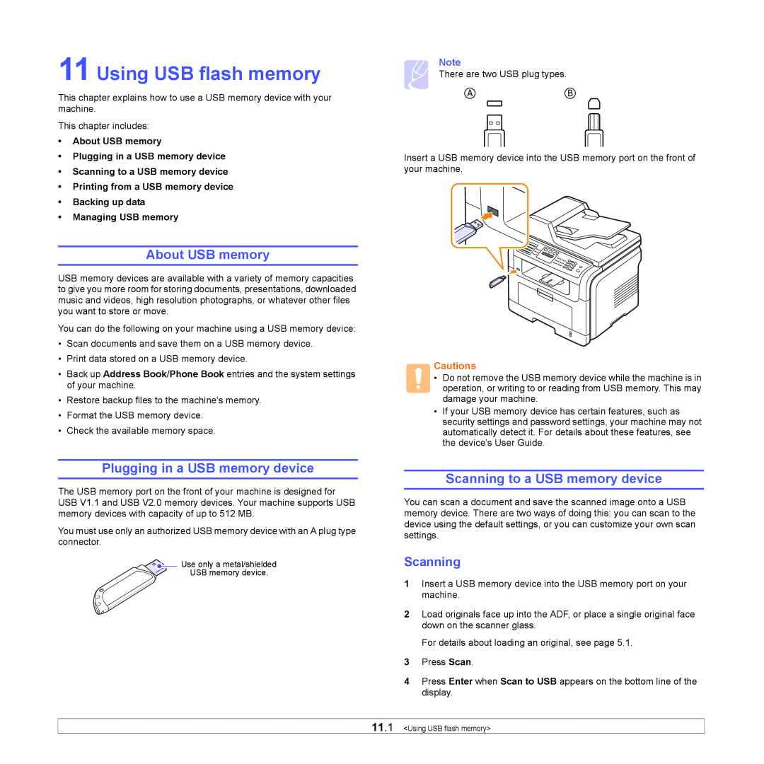 Xerox 3300MFP Using USB flash memory, About USB memory, Plugging in a USB memory device, Scanning to a USB memory device 