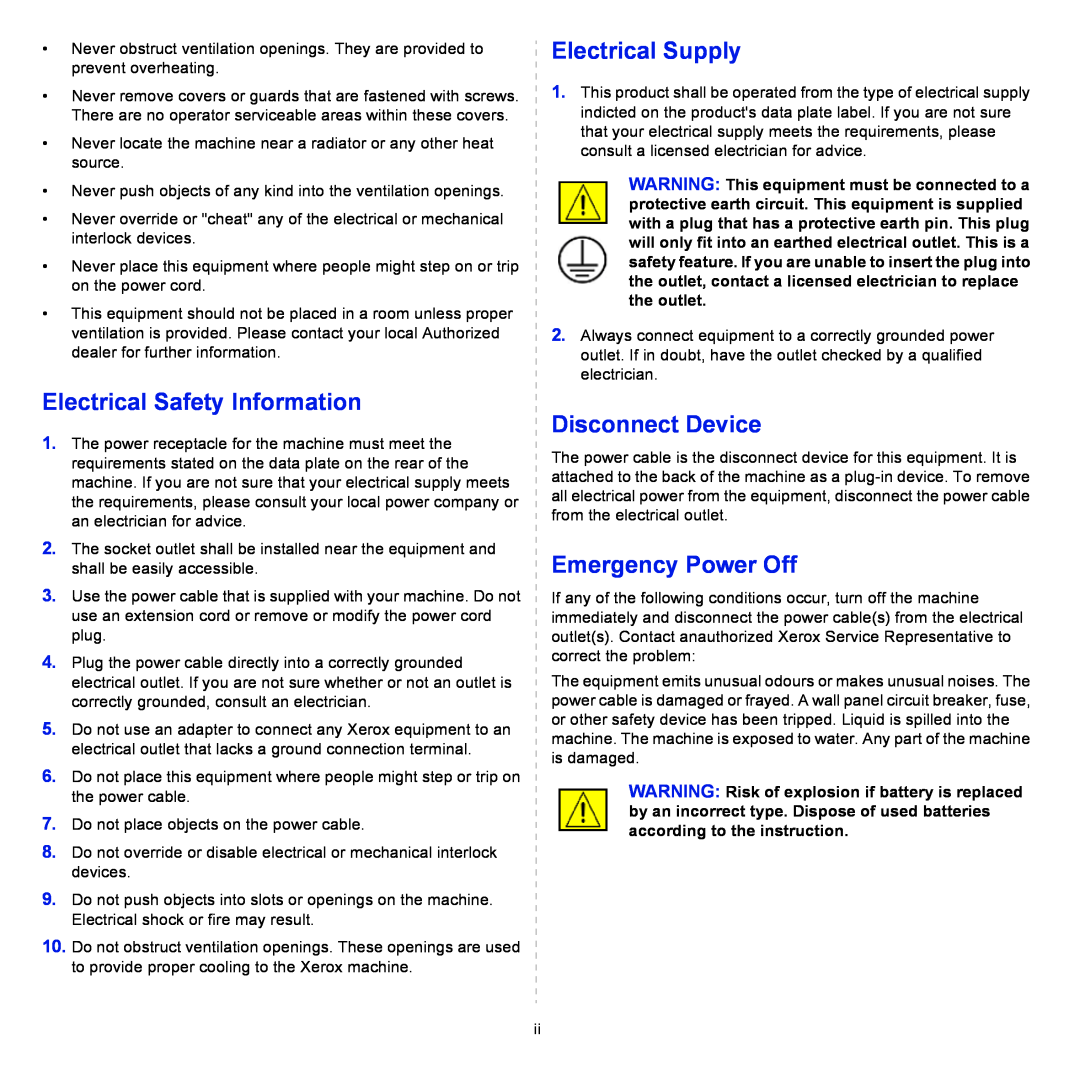 Xerox 3300MFP manual Electrical Safety Information, Electrical Supply, Disconnect Device, Emergency Power Off 