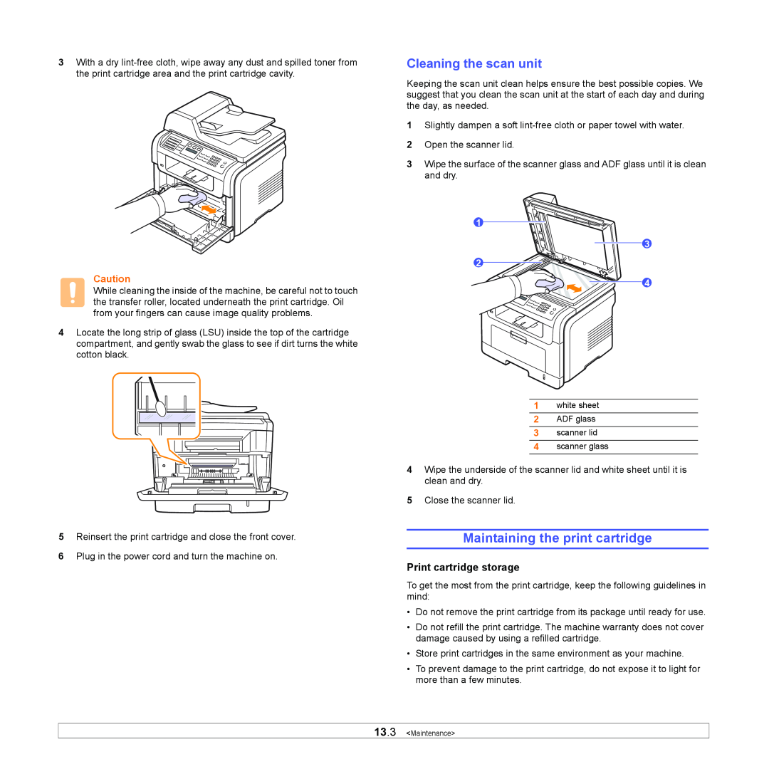 Xerox 3300MFP manual Maintaining the print cartridge, Cleaning the scan unit, Print cartridge storage 