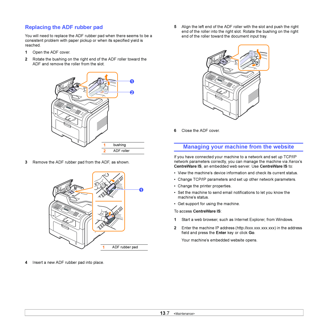 Xerox 3300MFP manual Managing your machine from the website, Replacing the ADF rubber pad, To access CentreWare IS 