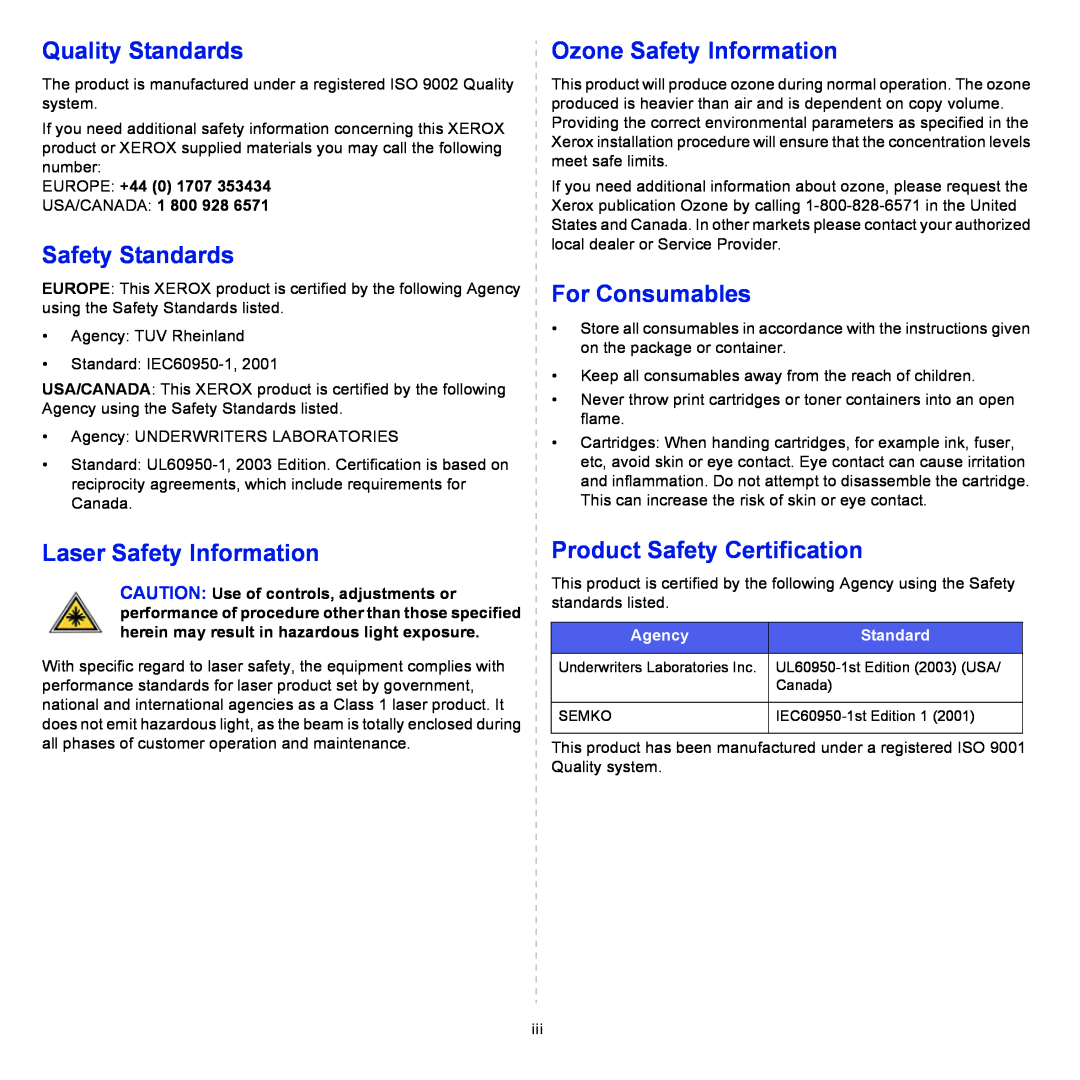 Xerox 3300MFP Quality Standards, Safety Standards, Ozone Safety Information, For Consumables, Laser Safety Information 