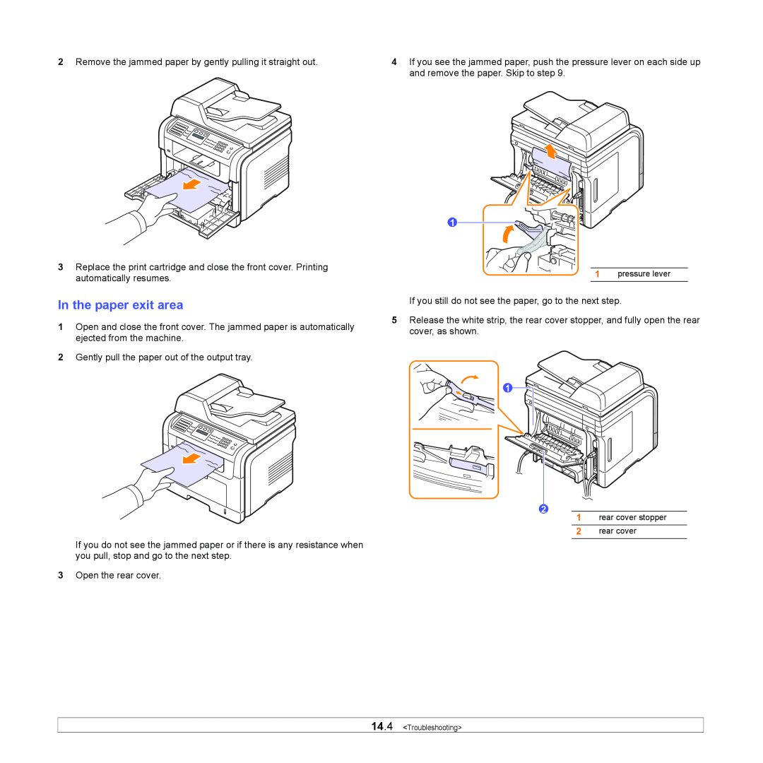 Xerox 3300MFP manual In the paper exit area, pressure lever, rear cover stopper 2 rear cover 