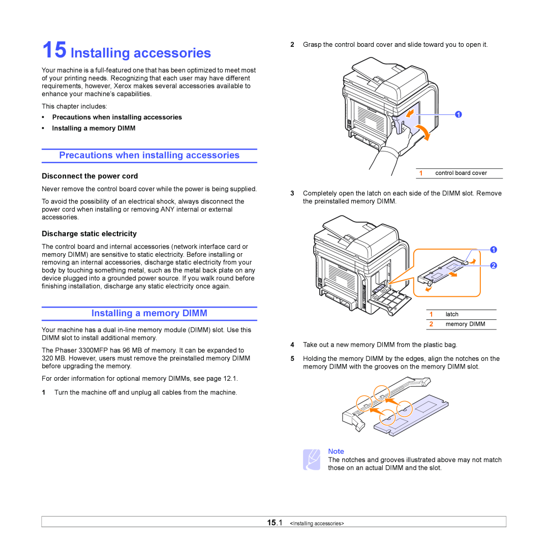 Xerox 3300MFP manual Installing accessories, Precautions when installing accessories, Installing a memory DIMM 